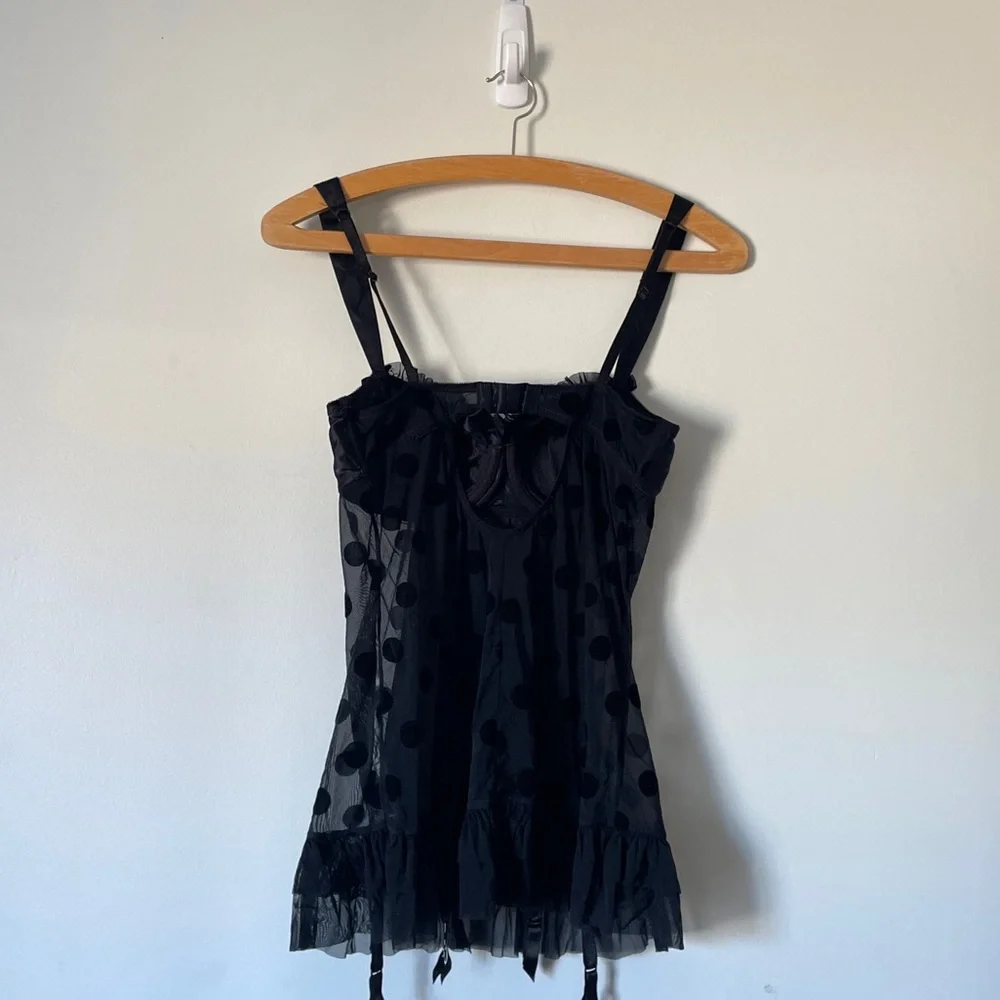 Y2K Babydoll LA SENZA Black Polka Dot Garter Lingerie Corset Mesh Top L Coquette - Picture 5 of 12
